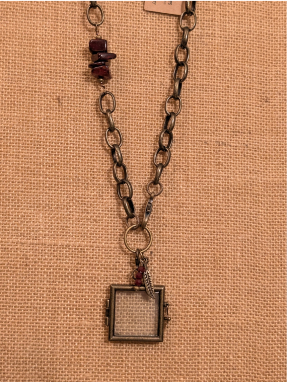 Handcrafted Boho Chunky Antiqued Brass Chain Necklace Square Glass Charm Locket